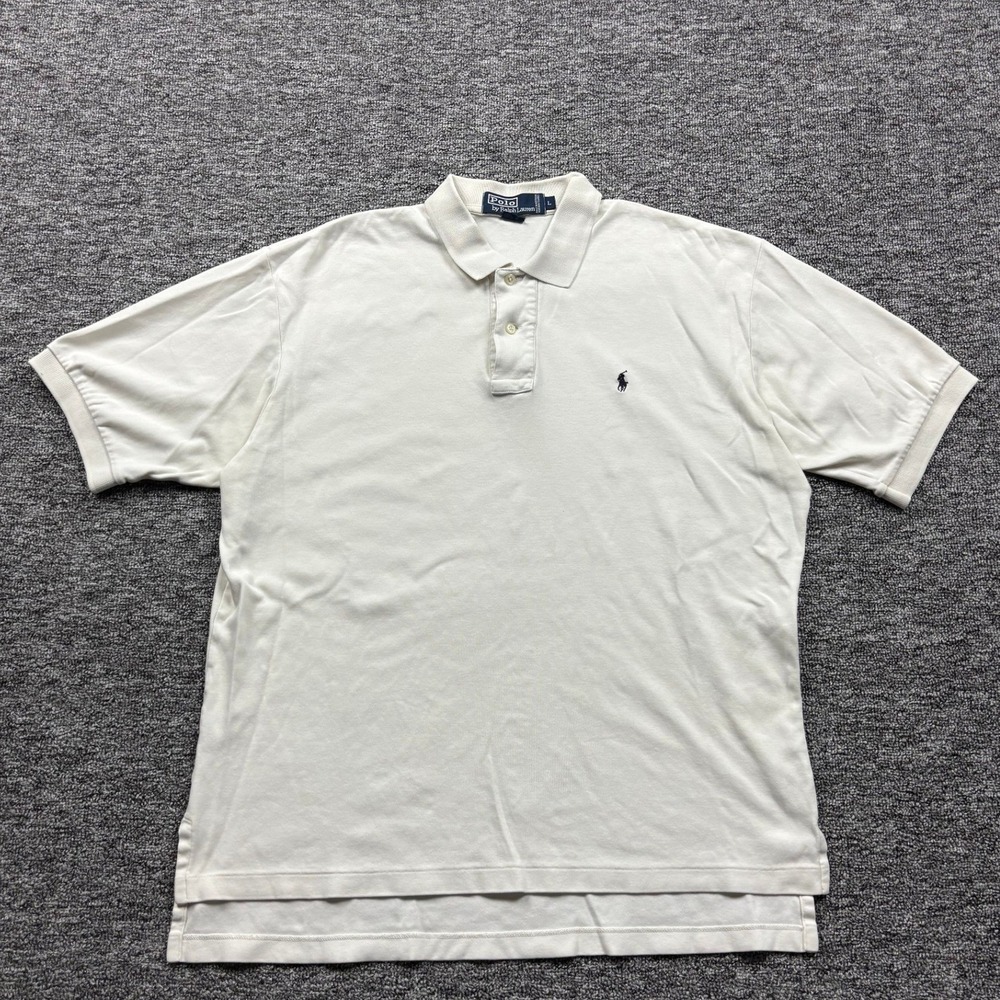 Vintage 90s Polo Ralph Lauren Short Sleeve Cream Polo Shirt Size Large